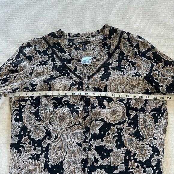 Women's Neutral Beige Black Paisley Boho Relaxed Blouse Isaac Mizrahi New Size M - Picture 5 of 9